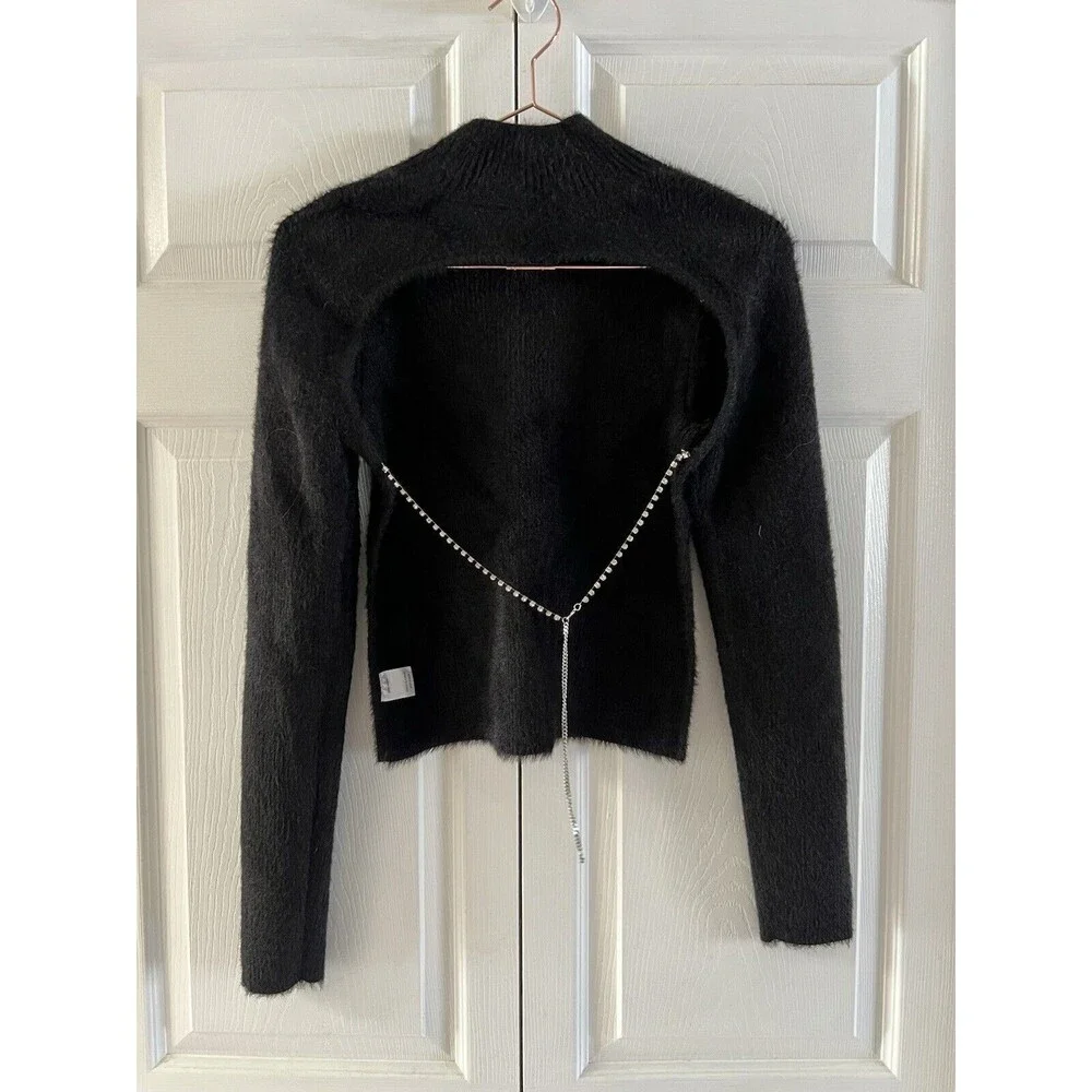 H:our Revolve Mock Neck Open Back Black Sweater With Rhinestone Chain‎ Size XS